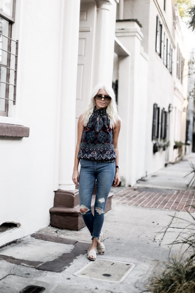 70's Hippie style high neck halter all autumn 2017 vienna kimmie top amanda uprichard skinny jeans mules oversized sunglasses Charleston Fashion Blogger Dannon Almost Happening 