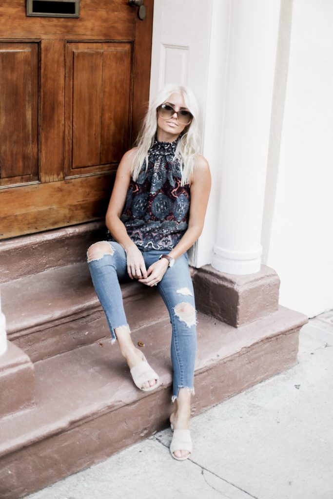 70's Hippie style high neck halter all autumn 2017 vienna kimmie top amanda uprichard skinny jeans mules oversized sunglasses Charleston Fashion Blogger Dannon Almost Happening 