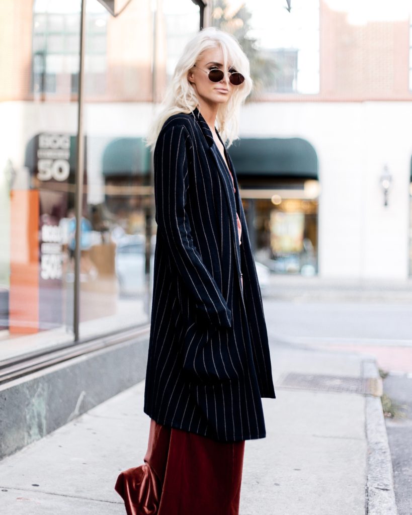 Tim Burton Style rust velvet maxi dress free people lulus pinstripe coat street style halloween fall autumn 2017  // Charleston Fashion Blogger Dannon Almost Happening  