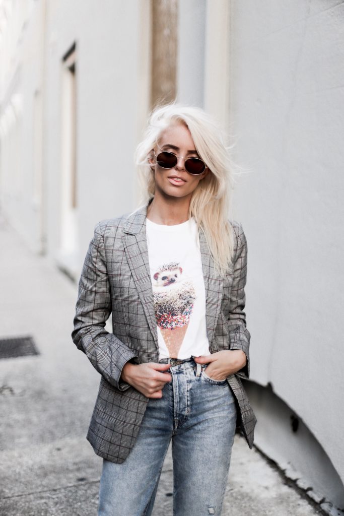 90’s Punk Kid style checkered plaid blazer coat boyfriend mom jeans vintage graphic tee  // Charleston Fashion Blogger Dannon Almost Happening  