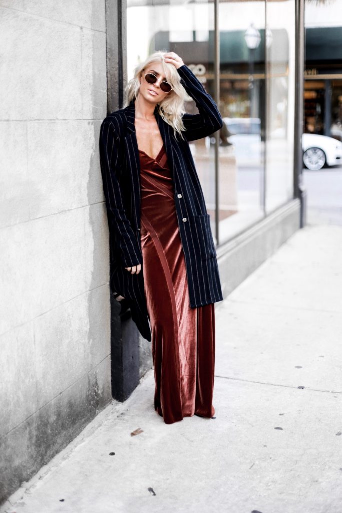 Tim Burton Style rust velvet maxi dress free people lulus pinstripe coat street style halloween fall autumn 2017  // Charleston Fashion Blogger Dannon Almost Happening  
