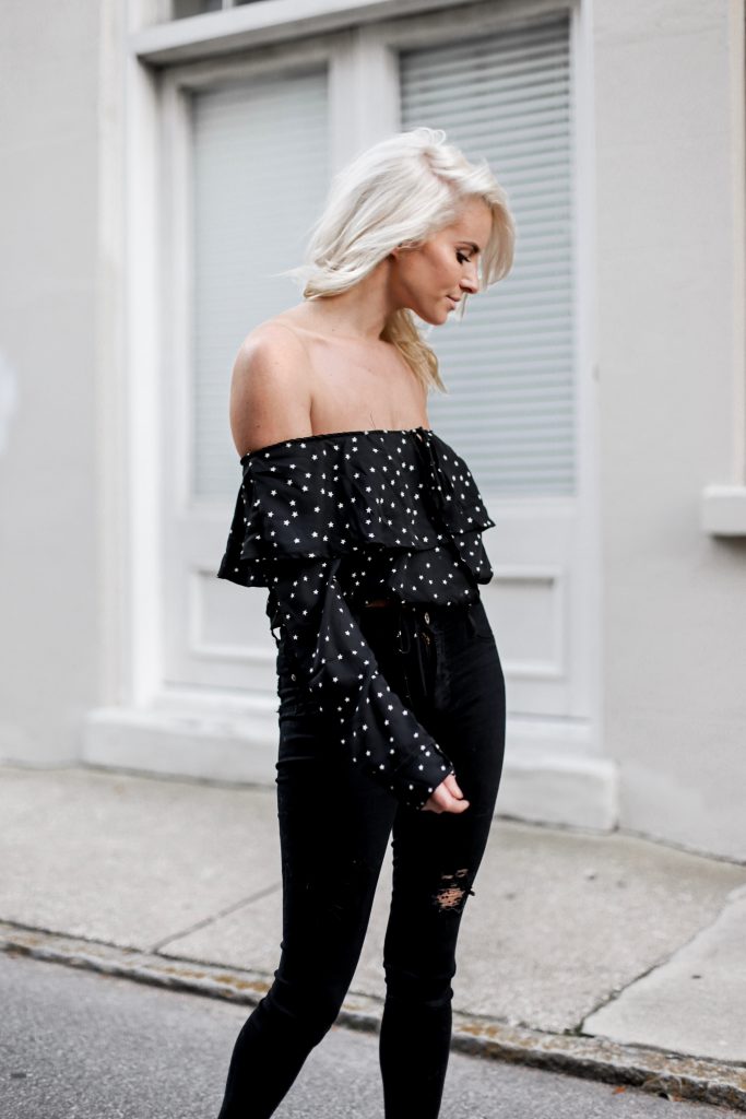  Hocus Pocus off the shoulder long sleeve top blouse black white stars honey punch skinny jeans halloween fall 2017 street style Charleston Fashion Blogger Dannon Almost Happening 