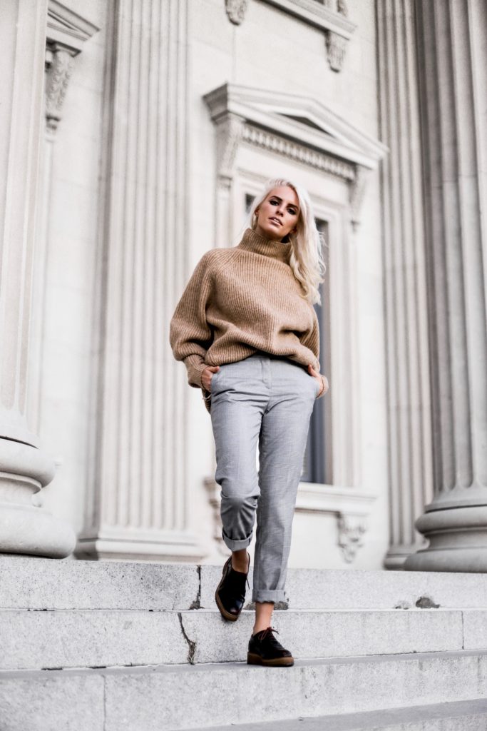 Bundled Up in Menswear style oversized knit sweater plaid checkered trousers stovepipe pants oxfords fall 2017 street style Charleston Fashion Blogger Dannon Almost Happening 