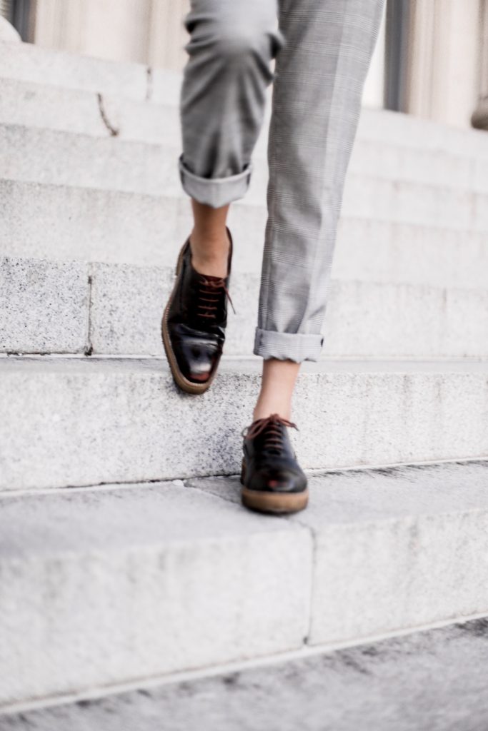 Bundled Up in Menswear style oversized knit sweater plaid checkered trousers stovepipe pants oxfords fall 2017 street style Charleston Fashion Blogger Dannon Almost Happening 