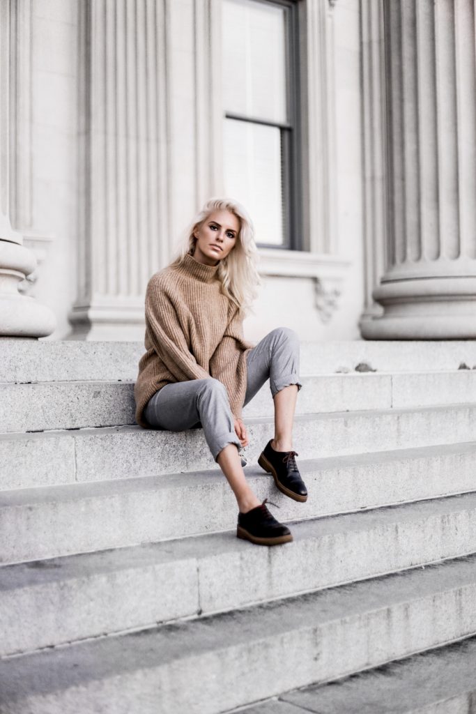Bundled Up in Menswear style oversized knit sweater plaid checkered trousers stovepipe pants oxfords fall 2017 street style Charleston Fashion Blogger Dannon Almost Happening