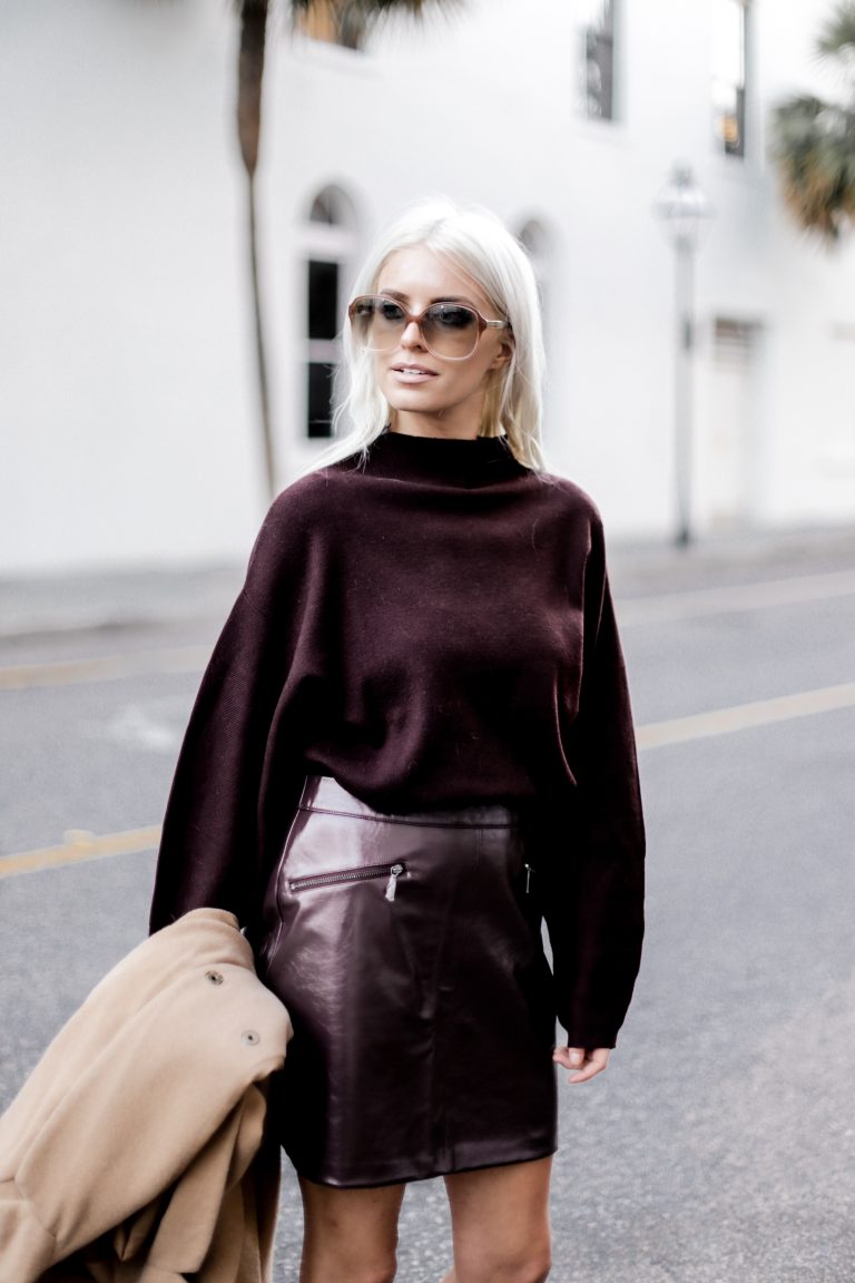 Leather Maroon mini high waist skirt oversized knit sweater burgundy camel coat loafers fall 2017 street style Charleston Fashion Blogger Dannon Almost Happening