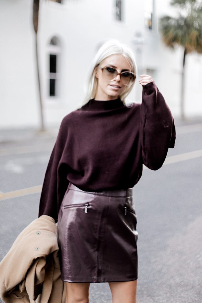 Leather Maroon mini high waist skirt oversized knit sweater burgundy camel coat loafers fall 2017 street style Charleston Fashion Blogger Dannon Almost Happening  