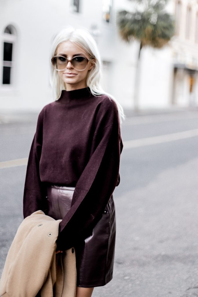 Leather Maroon mini high waist skirt oversized knit sweater burgundy camel coat loafers fall 2017 street style Charleston Fashion Blogger Dannon Almost Happening  