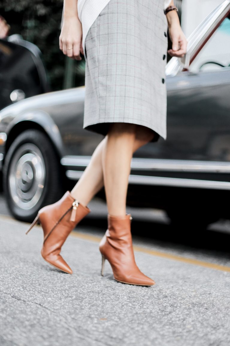 Business Attire Fall houndstooth checker plaid pencil skirt buttons camel ankle boots white chunky knit sweater downtown street style Charleston Fashion Blogger Dannon Almost Happening