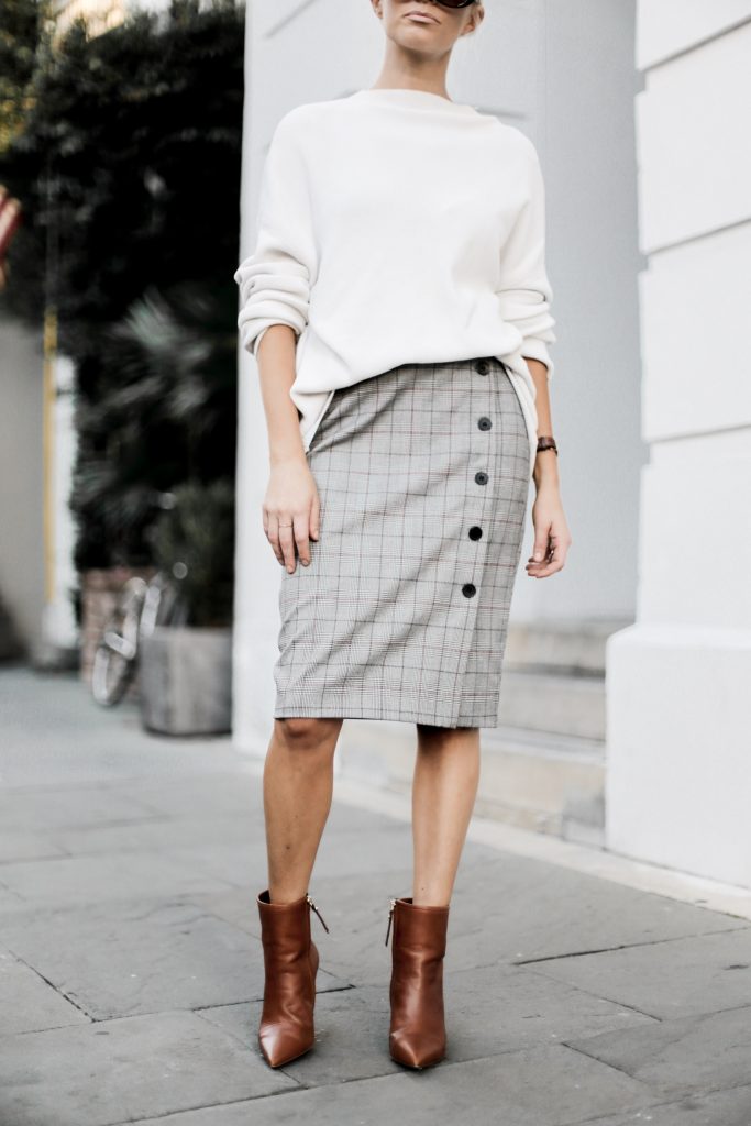 Business Attire Fall houndstooth checker plaid pencil skirt buttons camel ankle boots white chunky knit sweater downtown street style Charleston Fashion Blogger Dannon Almost Happening 