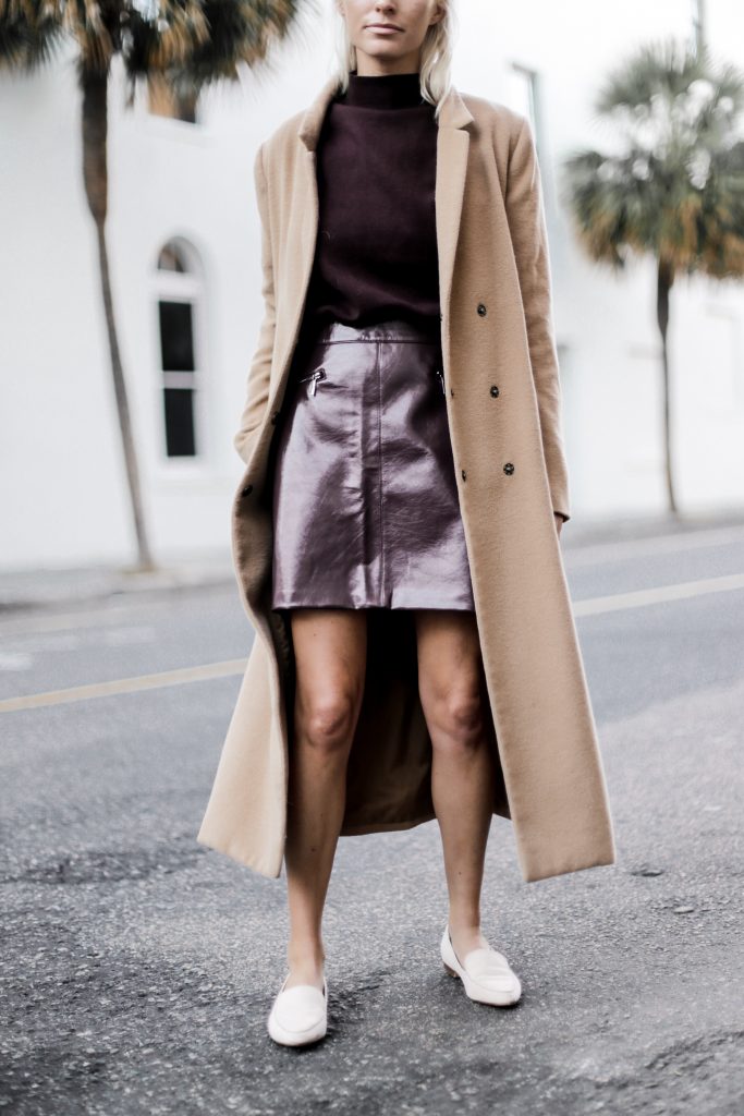 Leather Maroon mini high waist skirt oversized knit sweater burgundy camel coat loafers fall 2017 street style Charleston Fashion Blogger Dannon Almost Happening  
