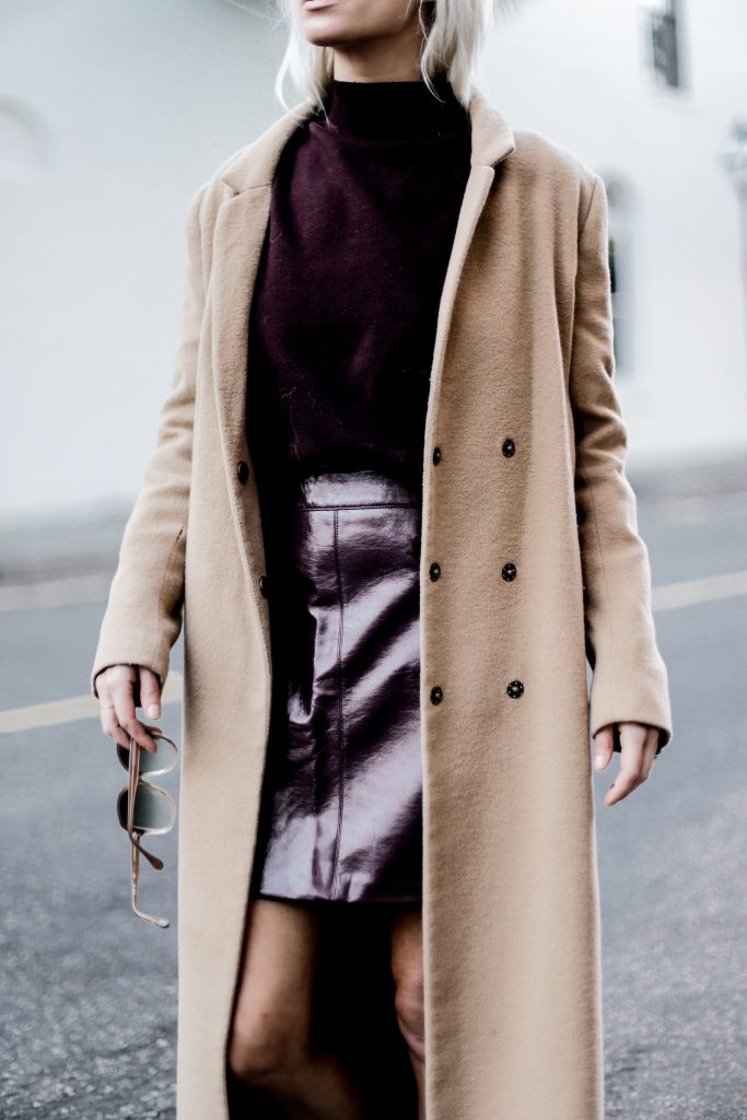 Leather Maroon mini high waist skirt oversized knit sweater burgundy camel coat loafers fall 2017 street style Charleston Fashion Blogger Dannon Almost Happening  