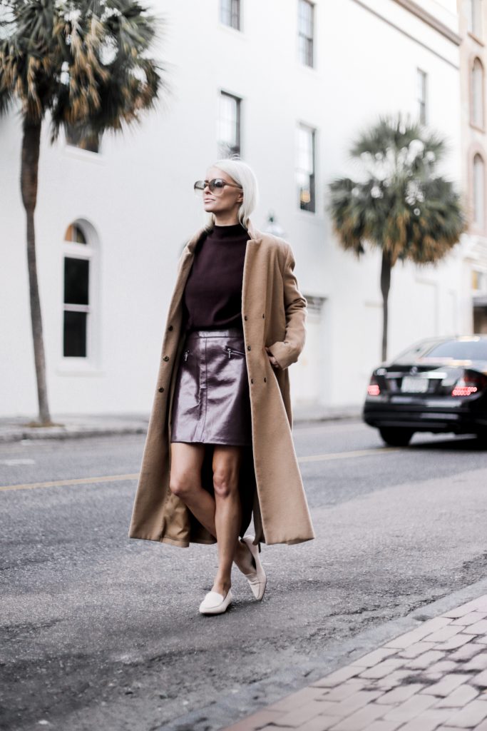 Leather Maroon mini high waist skirt oversized knit sweater burgundy camel coat loafers fall 2017 street style Charleston Fashion Blogger Dannon Almost Happening  