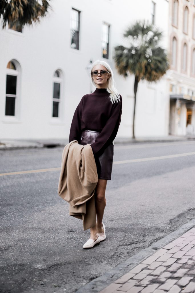 Leather Maroon mini high waist skirt oversized knit sweater burgundy camel coat loafers fall 2017 street style Charleston Fashion Blogger Dannon Almost Happening  