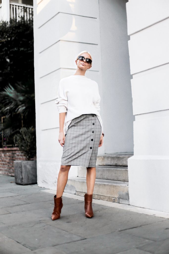 Business Attire Fall houndstooth checker plaid pencil skirt buttons camel ankle boots white chunky knit sweater downtown street style Charleston Fashion Blogger Dannon Almost Happening 