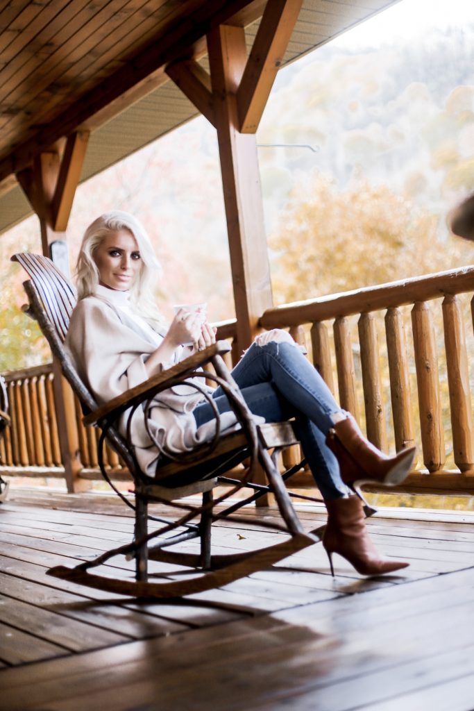 Fall in Maggie Valley white gray sweater poncho wrap Target skinny jeans cognac ankle boots white turtleneck autumn Maggie Valley NC fall 2017 street style Charleston Fashion Blogger Dannon Almost Happening 