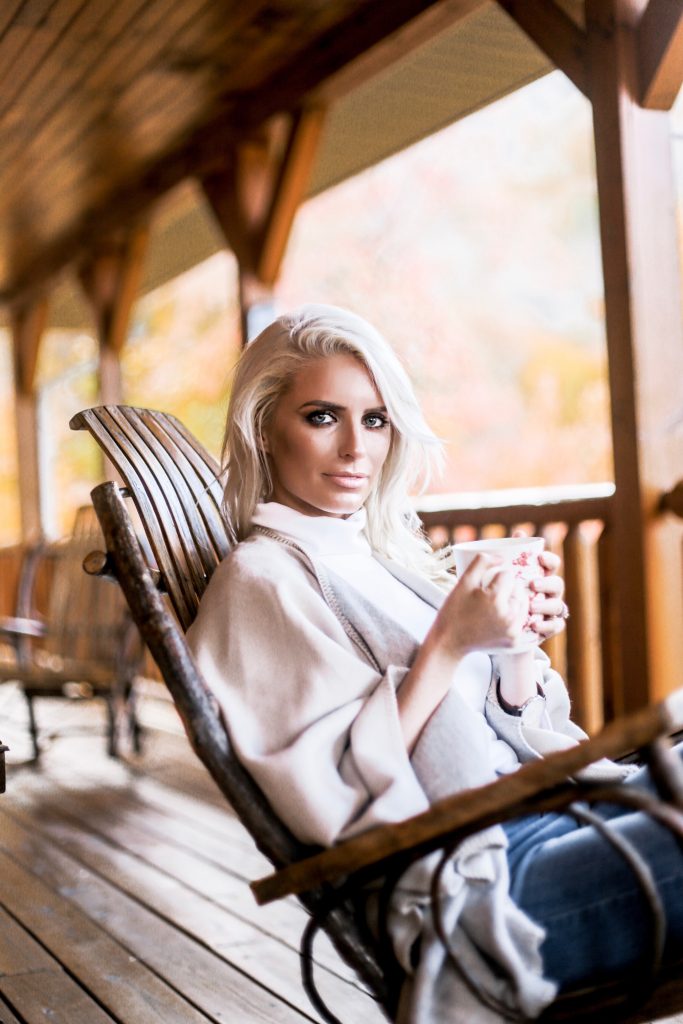 Fall in Maggie Valley white gray sweater poncho wrap Target skinny jeans cognac ankle boots white turtleneck autumn Maggie Valley NC fall 2017 street style Charleston Fashion Blogger Dannon Almost Happening