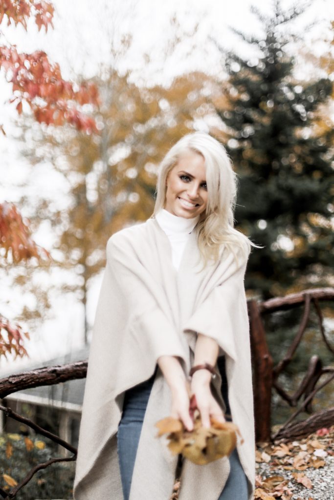 Fall in Maggie Valley white gray sweater poncho wrap Target skinny jeans cognac ankle boots white turtleneck autumn Maggie Valley NC fall 2017 street style Charleston Fashion Blogger Dannon Almost Happening 