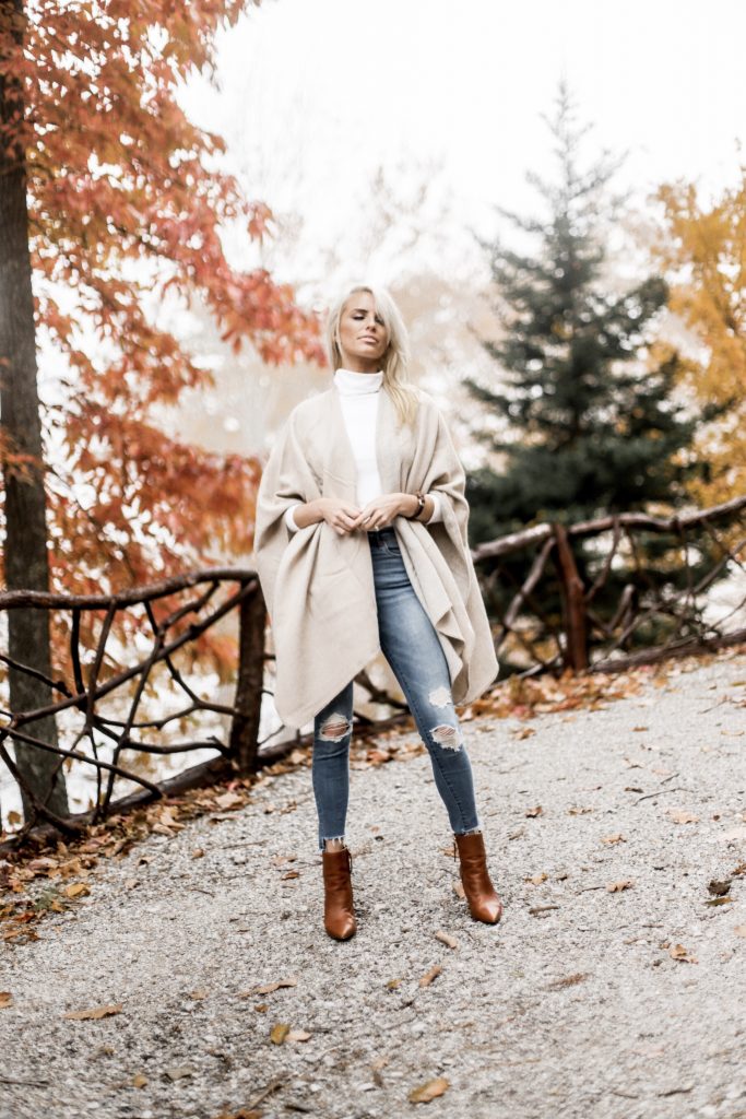 Fall in Maggie Valley white gray sweater poncho wrap Target skinny jeans cognac ankle boots white turtleneck autumn Maggie Valley NC fall 2017 street style Charleston Fashion Blogger Dannon Almost Happening 