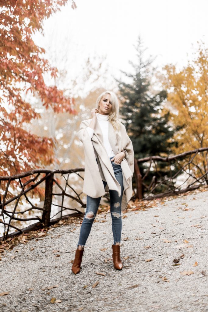 Fall in Maggie Valley white gray sweater poncho wrap Target skinny jeans cognac ankle boots white turtleneck autumn Maggie Valley NC fall 2017 street style Charleston Fashion Blogger Dannon Almost Happening 