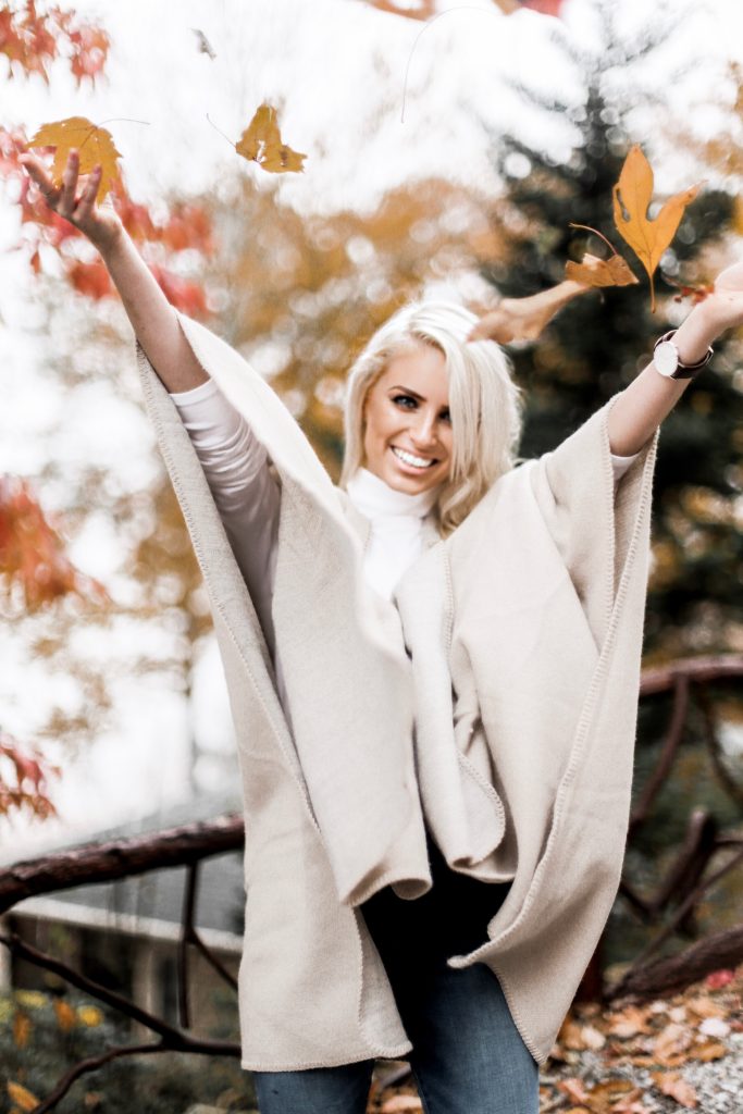 Fall in Maggie Valley white gray sweater poncho wrap Target skinny jeans cognac ankle boots white turtleneck autumn Maggie Valley NC fall 2017 street style Charleston Fashion Blogger Dannon Almost Happening 