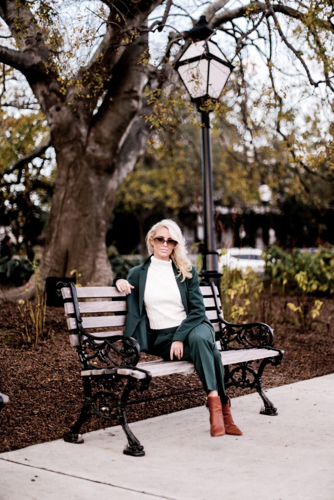 Give Thanks Fall 70s style green suit cigarette pants blazer oversized sunglasses downtown street style Charleston Fashion Blogger Dannon Almost Happening high waist camel pants trousers wide leg palazzo pants plunge neck long sleeve wrap body suit asos black friday sales deals