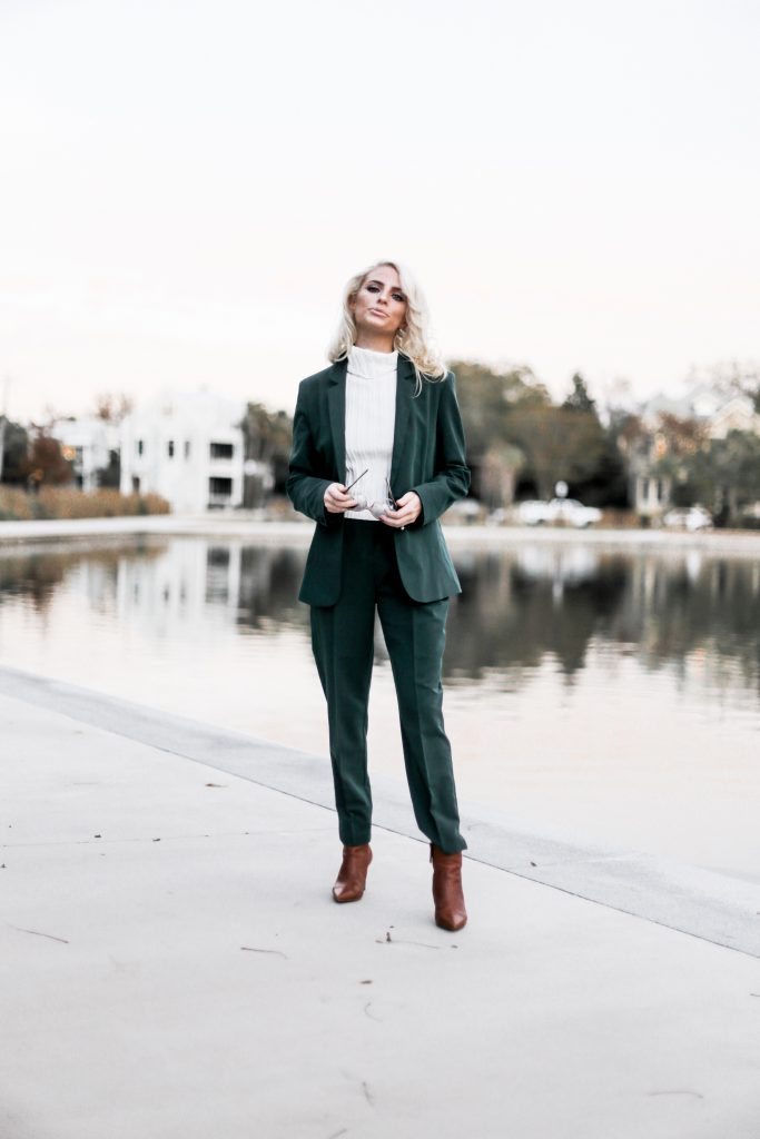 Give Thanks Fall 70s style green suit cigarette pants blazer oversized sunglasses downtown street style Charleston Fashion Blogger Dannon Almost Happening high waist camel pants trousers wide leg palazzo pants plunge neck long sleeve wrap body suit asos black friday sales deals