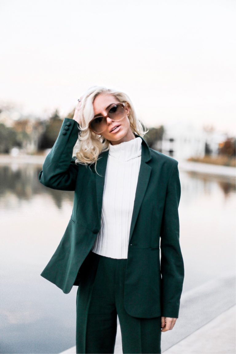 Give Thanks Fall 70s style green suit cigarette pants blazer oversized sunglasses downtown street style Charleston Fashion Blogger Dannon Almost Happening high waist camel pants trousers wide leg palazzo pants plunge neck long sleeve wrap body suit asos black friday sales deals