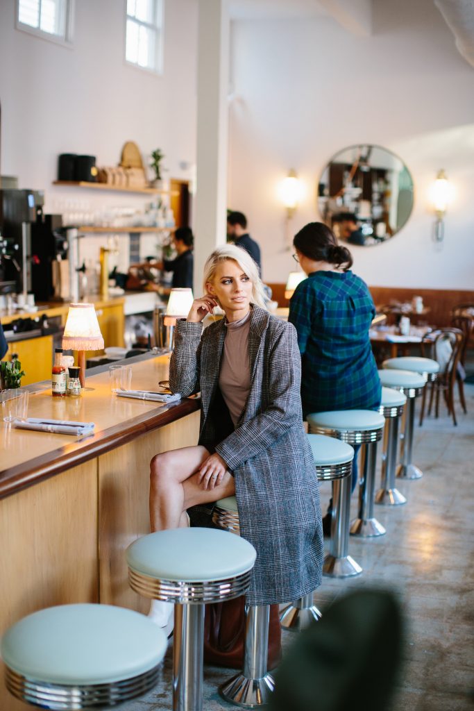 Fall Neutrals burgundy leather skirt houndstooth check long coat white ankle boots tan turtleneck Charleston Fashion Blogger Dannon Almost Happening Clay Austin Photography