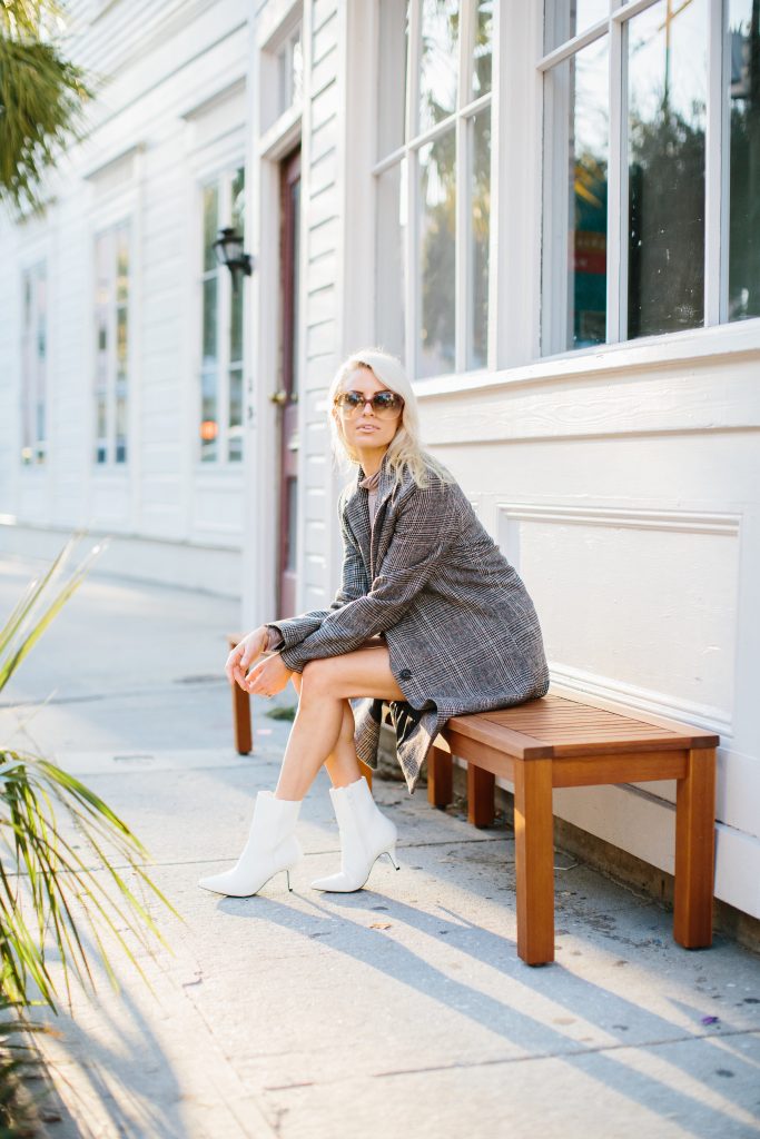Fall Neutrals burgundy leather skirt houndstooth check long coat white ankle boots tan turtleneck Charleston Fashion Blogger Dannon Almost Happening Clay Austin Photography