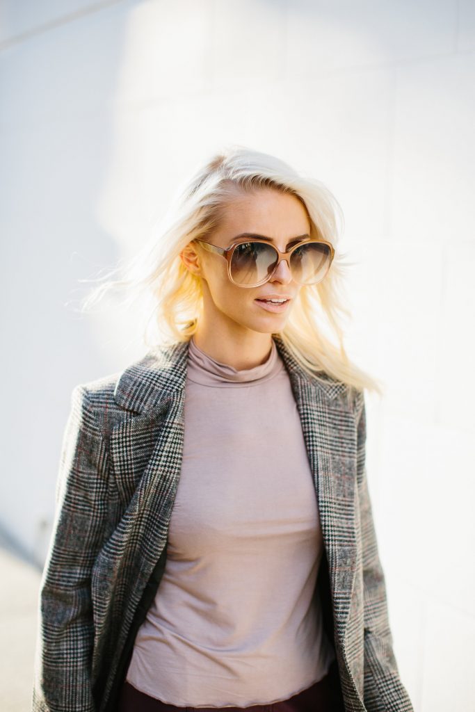 Fall Neutrals burgundy leather skirt houndstooth check long coat white ankle boots tan turtleneck Charleston Fashion Blogger Dannon Almost Happening Clay Austin Photography