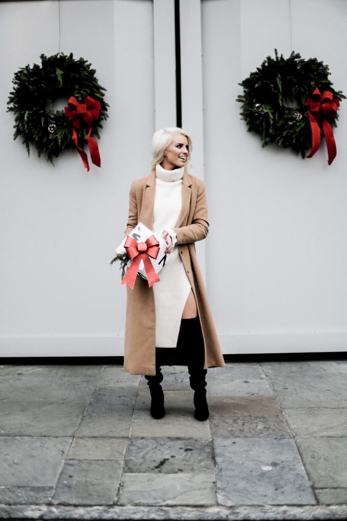 Haul Out the Holly camel long coat wool black suede over the knee boots turtleneck sweater dress white H&M Charleston Fashion Blogger Dannon Almost Happening