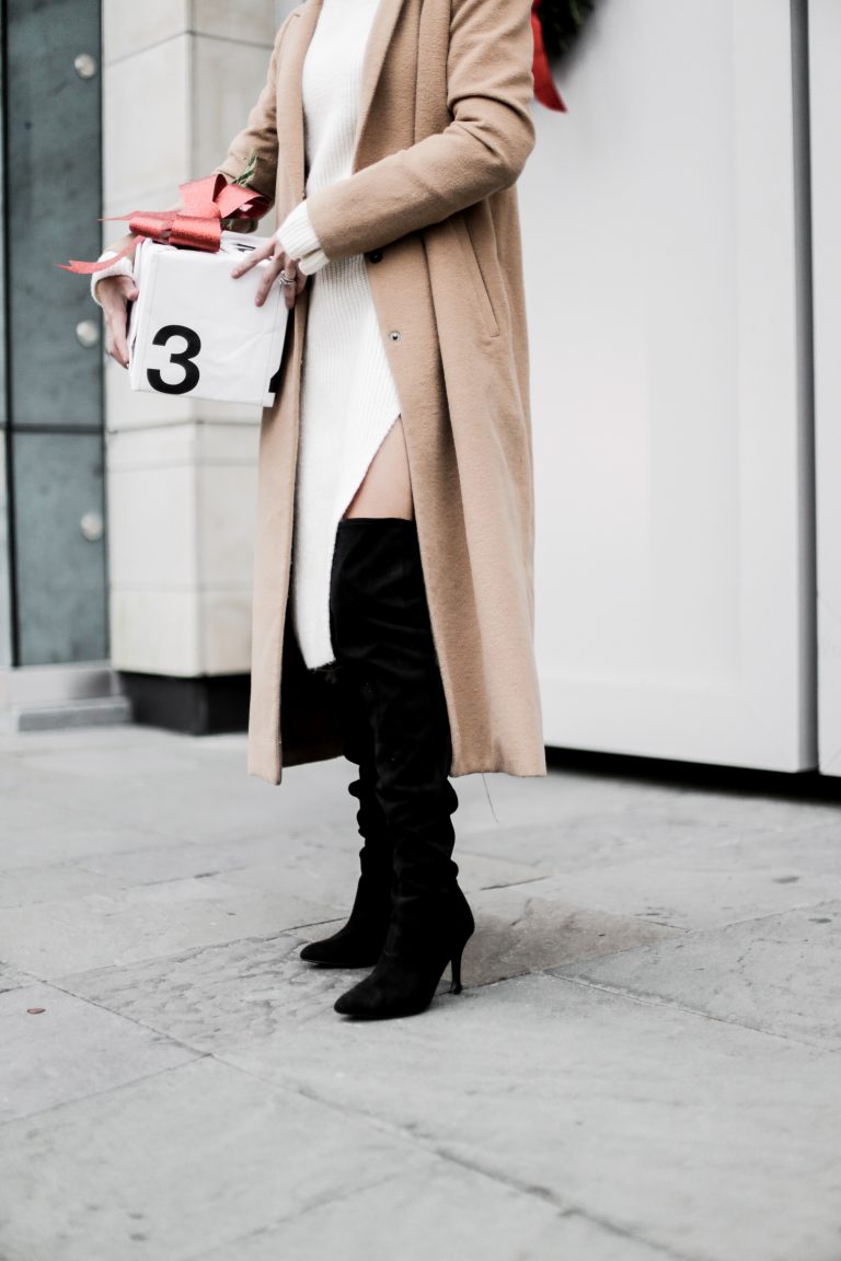 Haul Out the Holly camel long coat wool black suede over the knee boots turtleneck sweater dress white H&M Charleston Fashion Blogger Dannon Almost Happening