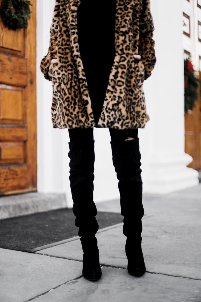 Winter Leopard faux fur coat black beanie cold winter wear chic over the knee suede boots target turtleneck forever 21 black skinny jeans Charleston Fashion Blogger Dannon Almost Happening 