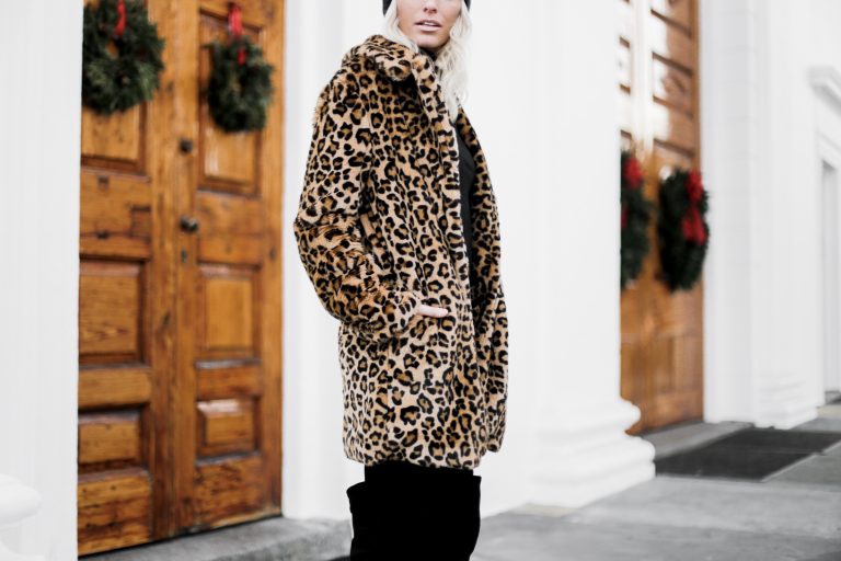 Winter Leopard faux fur coat black beanie cold winter wear chic over the knee suede boots target turtleneck forever 21 black skinny jeans Charleston Fashion Blogger Dannon Almost Happening