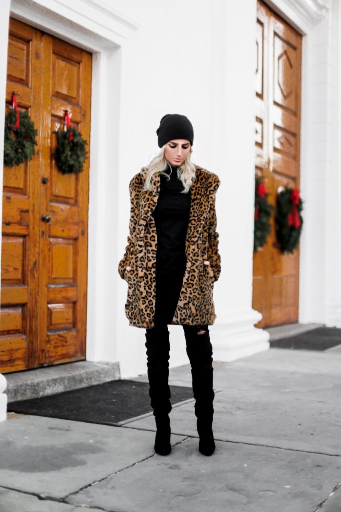 Winter Leopard faux fur coat black beanie cold winter wear chic over the knee suede boots target turtleneck forever 21 black skinny jeans Charleston Fashion Blogger Dannon Almost Happening 