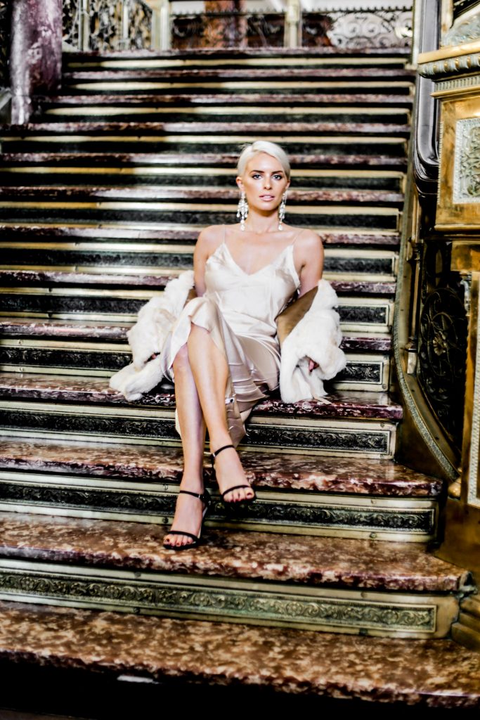 NYE Satin Silk new years eve party outfit silk dress one teaspoon midnight dress in latte revolve slip dress shimmer faux fur white Charleston Fashion Blogger Dannon Almost Happening
