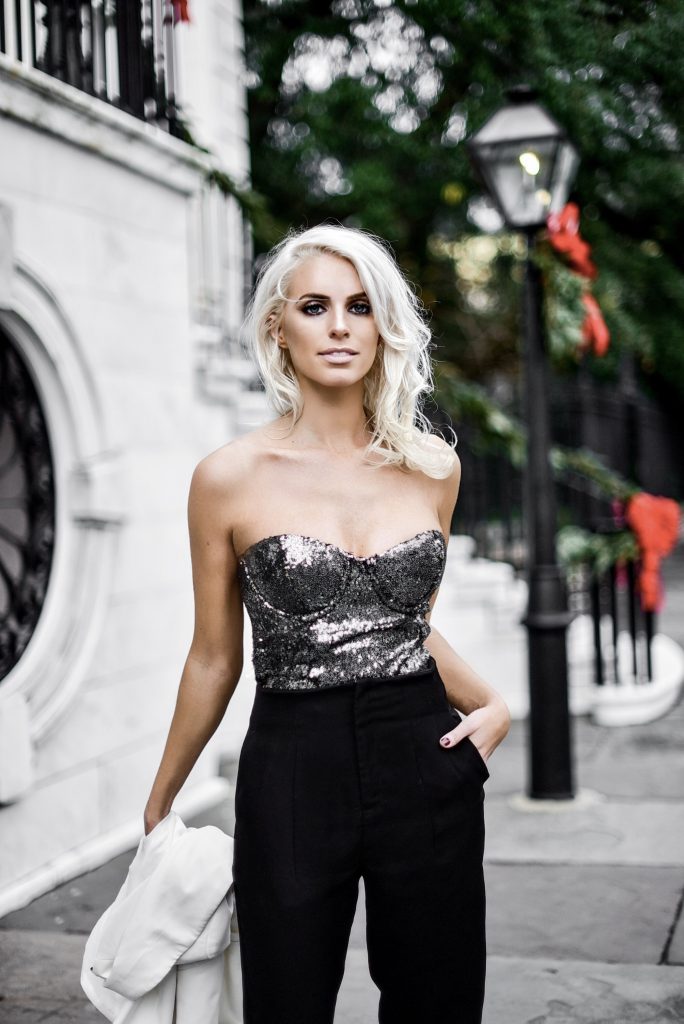 NYE Sequin Corset new years eve party bodysuit outfit Charleston Fashion Blogger Dannon Almost Happening house of harlow revolve forever 21 black trousers high waist ankle strap heels suede white longline blazer