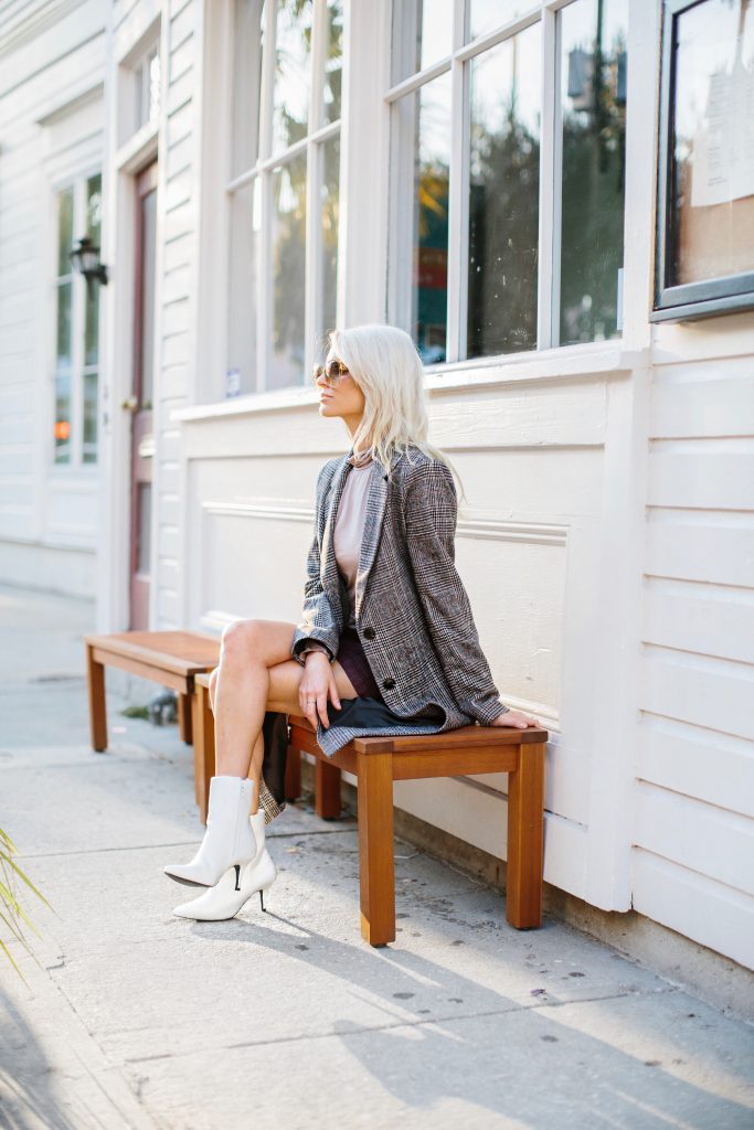 Fall Neutrals burgundy leather skirt houndstooth check long coat white ankle boots tan turtleneck Charleston Fashion Blogger Dannon Almost Happening Clay Austin Photography