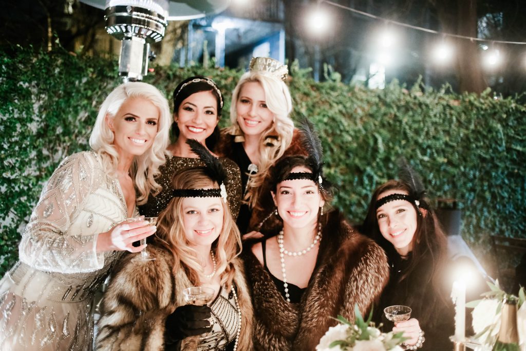 1920's New Years Party Charleston roaring twenties champagne tower great gatsby decor black white gold blush tablescape display black tie Charleston Fashion Blogger Dannon Almost Happening