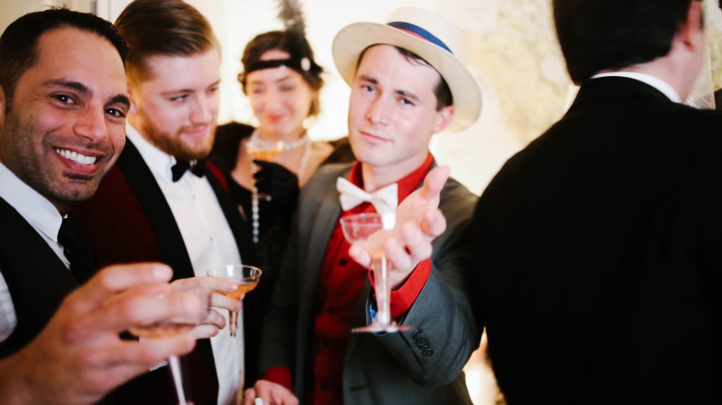 1920's New Years Party Charleston roaring twenties champagne tower great gatsby decor black white gold blush tablescape display black tie Charleston Fashion Blogger Dannon Almost Happening