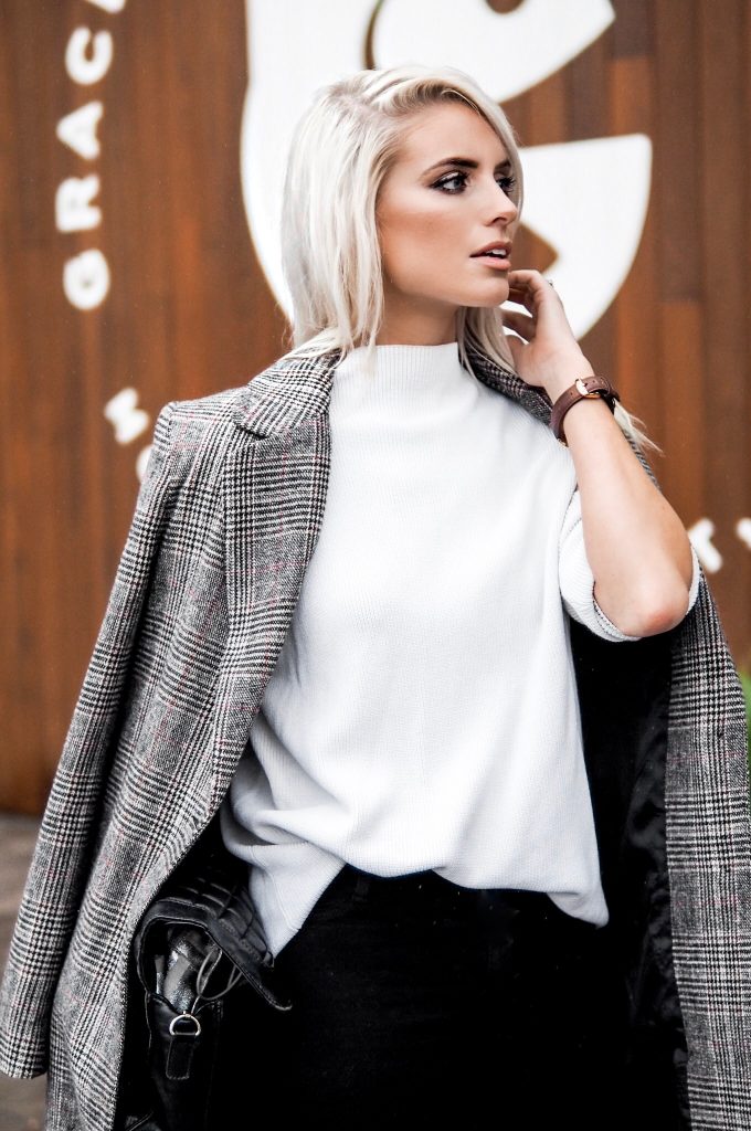 Sunday Brunching Grace and Grits Plaid Checkered long coat forever 211 white high neck sweater black skinny jeans nude heels Charleston Fashion Blogger Dannon Almost Happening