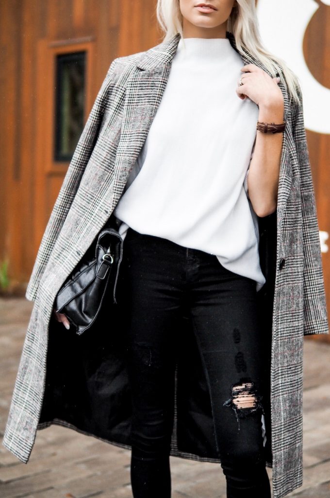 Sunday Brunching Grace and Grits Plaid Checkered long coat forever 211 white high neck sweater black skinny jeans nude heels Charleston Fashion Blogger Dannon Almost Happening