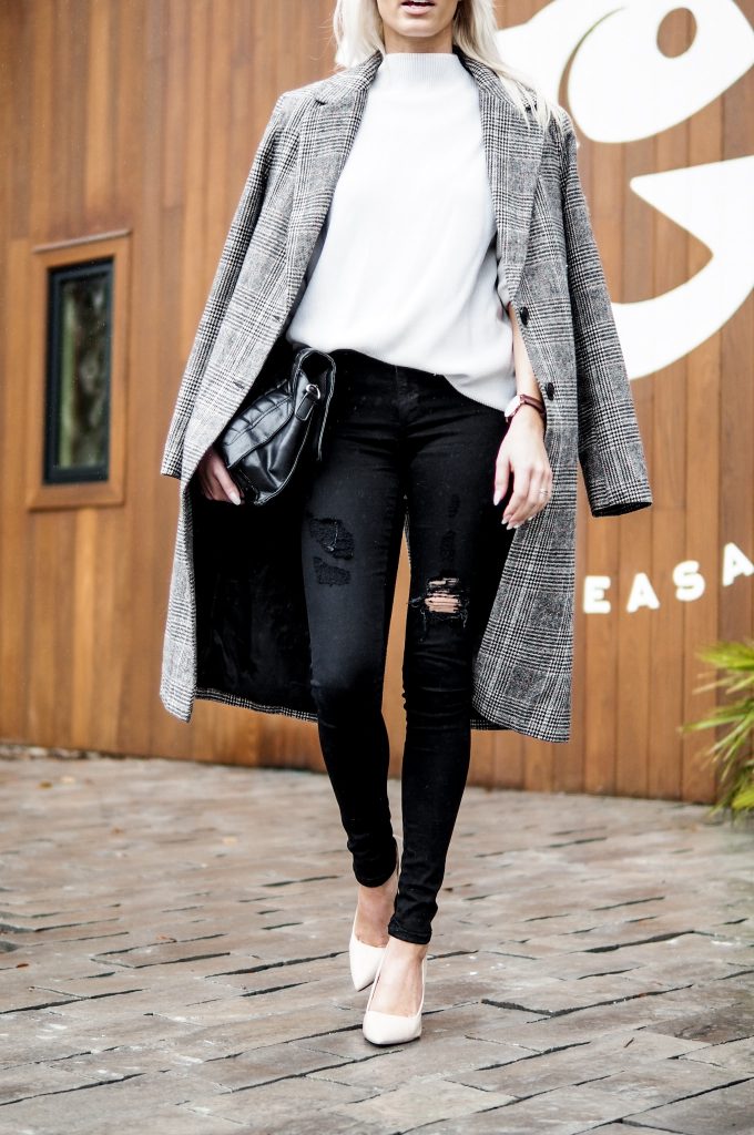 Sunday Brunching Grace and Grits Plaid Checkered long coat forever 211 white high neck sweater black skinny jeans nude heels Charleston Fashion Blogger Dannon Almost Happening