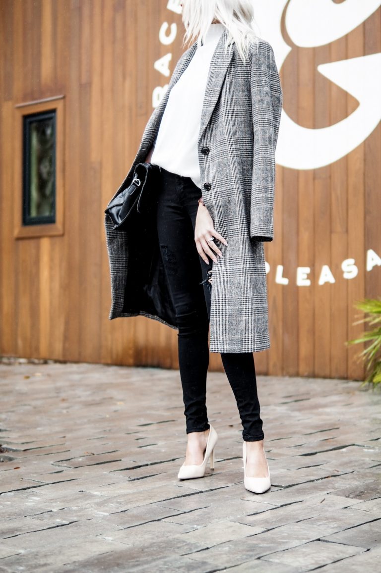 Sunday Brunching Grace and Grits Plaid Checkered long coat forever 211 white high neck sweater black skinny jeans nude heels Charleston Fashion Blogger Dannon Almost Happening