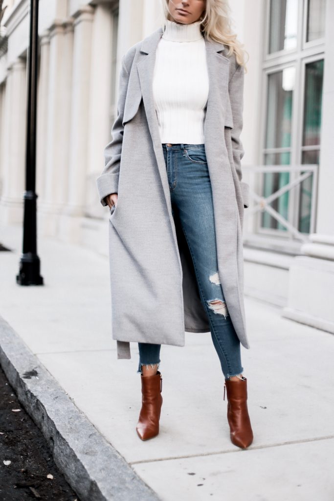 Winter Neutrals Winter Neutrals grey wool long coat white turtleneck ribbed sleeveless crop top skinny jeans camel ankle boots Charleston Fashion Blogger Dannon Almost Happening