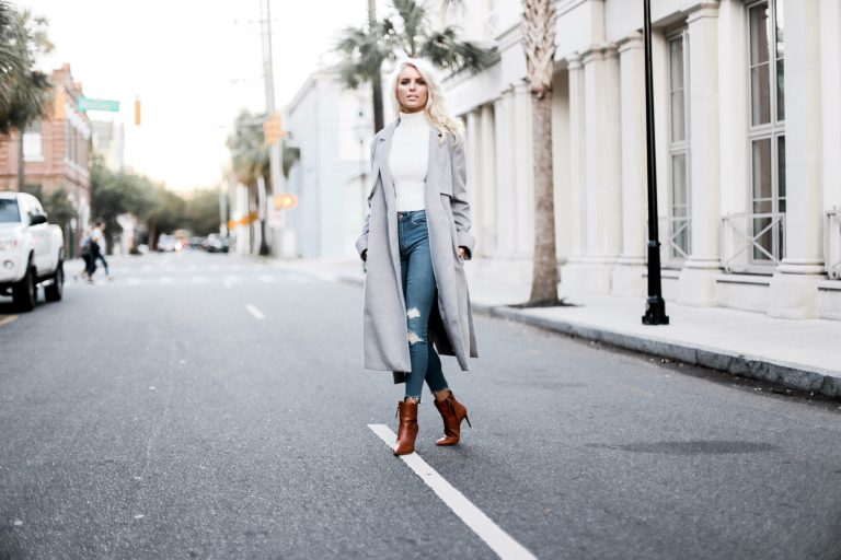 Winter Neutrals Winter Neutrals grey wool long coat white turtleneck ribbed sleeveless crop top skinny jeans camel ankle boots Charleston Fashion Blogger Dannon Almost Happening