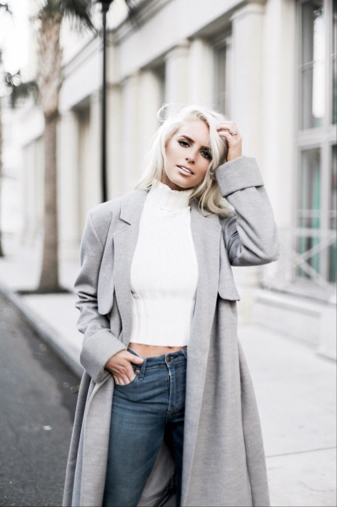 Winter Neutrals Winter Neutrals grey wool long coat white turtleneck ribbed sleeveless crop top skinny jeans camel ankle boots Charleston Fashion Blogger Dannon Almost Happening
