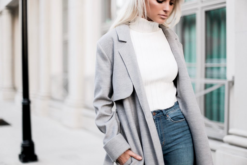 Winter Neutrals Winter Neutrals grey wool long coat white turtleneck ribbed sleeveless crop top skinny jeans camel ankle boots Charleston Fashion Blogger Dannon Almost Happening