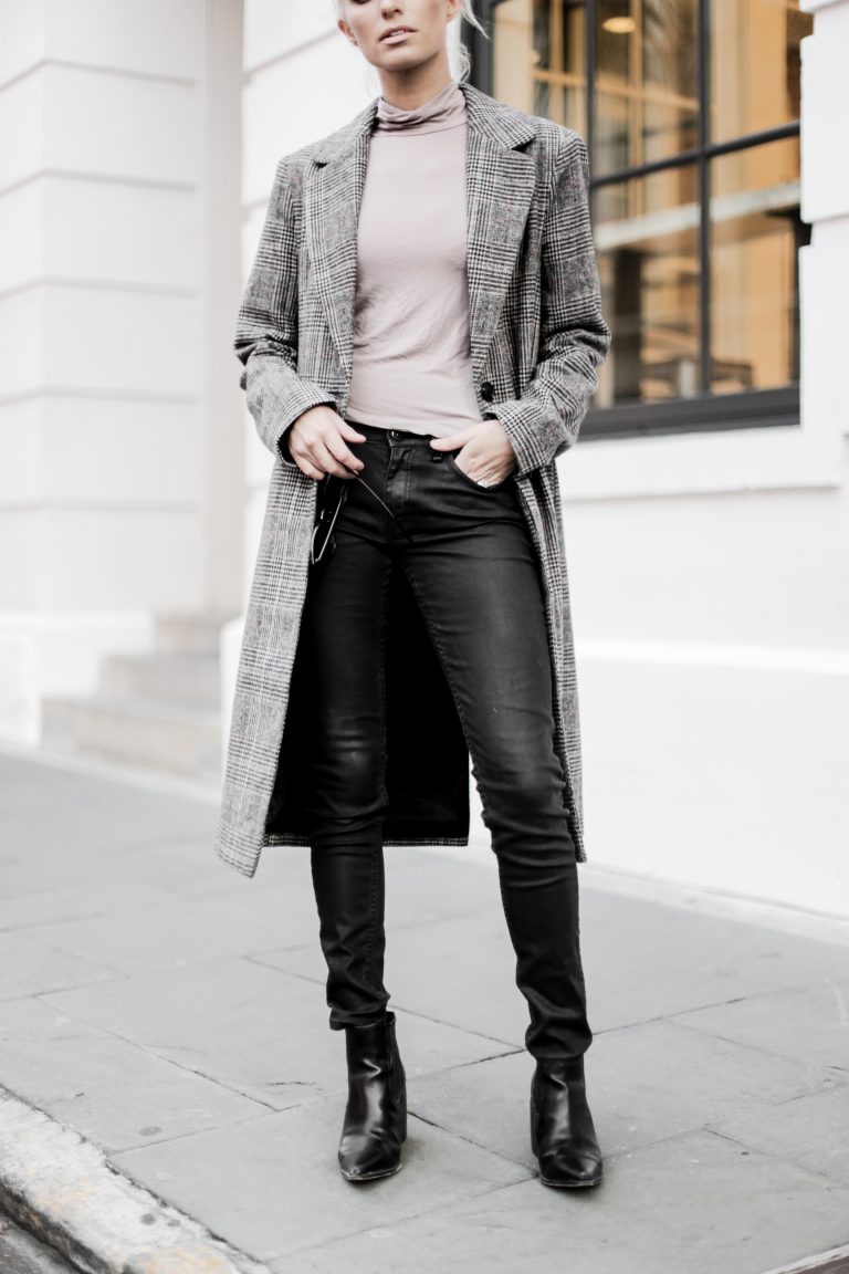 leather + plaid checkered long coat forever 21 taupe turtleneck jeans pants ankle boots cat eye sunglasses Charleston Fashion Blogger Dannon Almost Happening